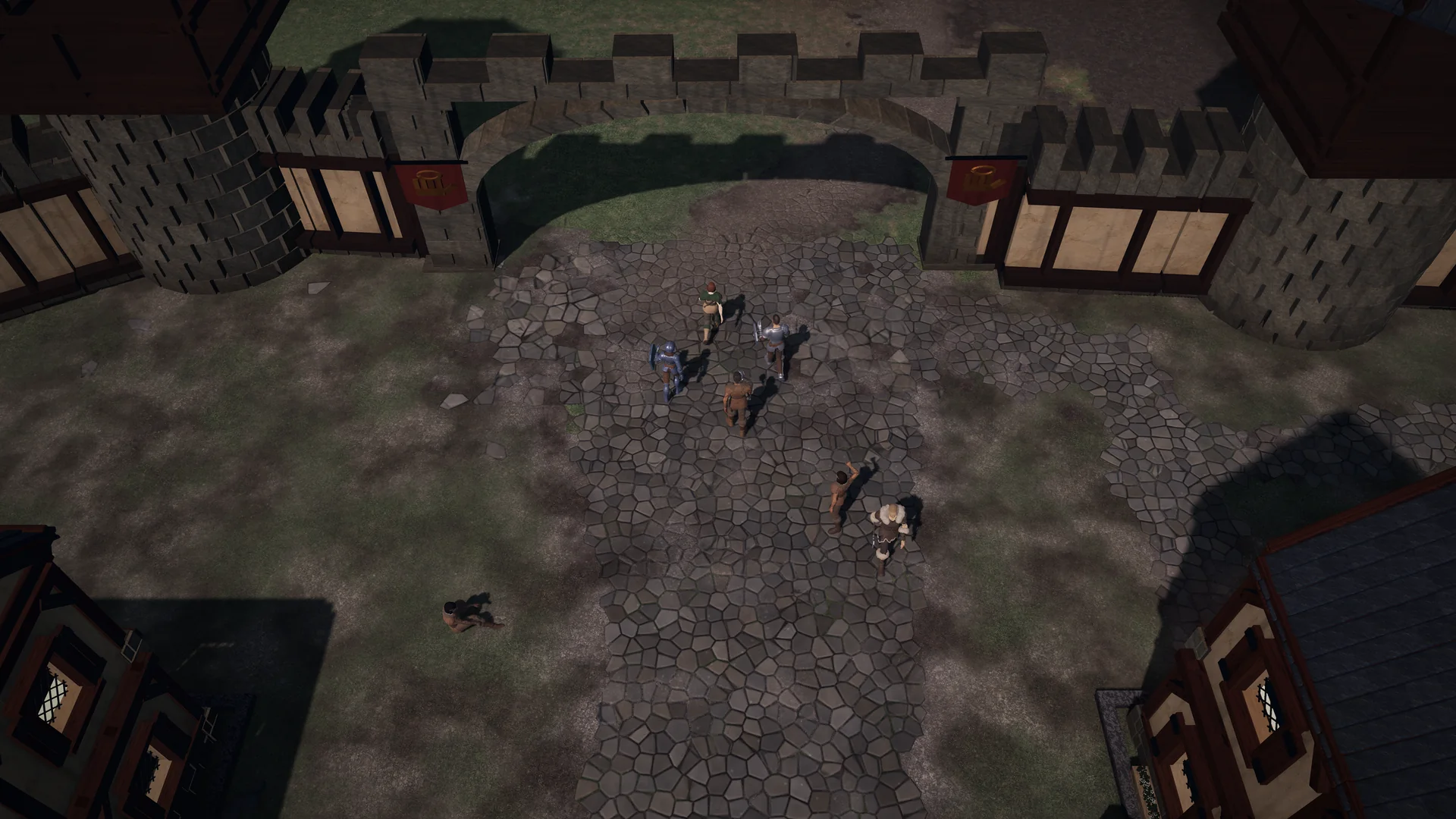 A party heads through Tharyon City’s gate as other players return at dusk.