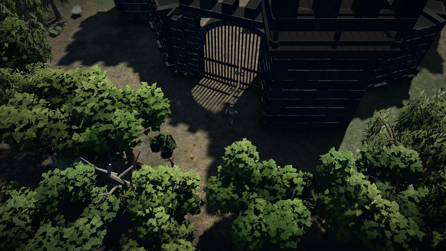 An explorer approaches Alderwatch's closed portcullis through dense woodland.