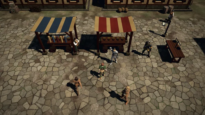 Players and townsfolk at the stalls in Tharyon City.